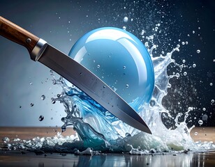 A knife slices through a sphere of water