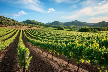 Vast vineyard with rows of green grapevines extending into the distance under a blue sky with scattered clouds and surrounding hills