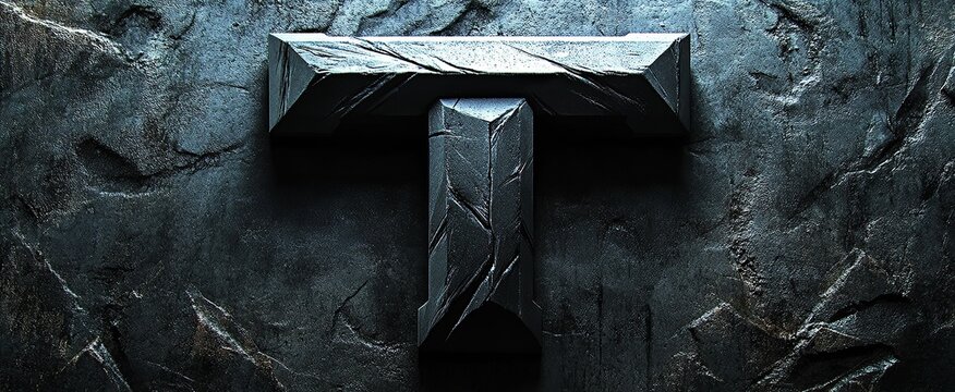 A stone textured, chiseled "T" logo displayed on a rough stone wall background