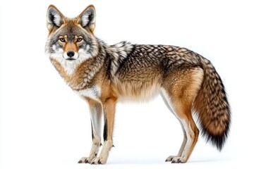 Fototapeta premium Alert wild coyote standing and looking forward with sharp eyes against a white background