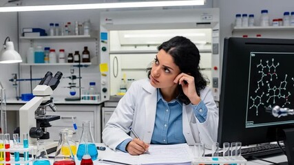 Focused Young Adult Indian Female Scientist Working in a Modern Laboratory, Analyzing Chemical Structures on a Computer and Taking Notes - Powered by Adobe