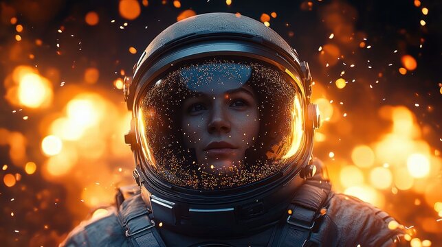 Person wearing a detailed astronaut helmet illuminated by glowing orange and yellow sparks, evoking a sense of calm and determination in a fiery environment