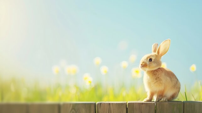 A cute fluffy bunny sits on a wooden fence in a sunny meadow with flowers