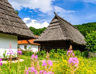 Rustic village homes with thatched roofs under a vibrant blue sky