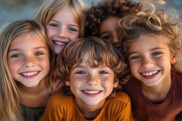 Fototapeta premium Close-up of five smiling children with different hair colors and textures, showing joy and friendship in natural light