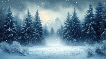 Fototapeta premium Snow-covered pine trees amidst a serene winter forest with falling snowflakes and distant misty mountains under a soft glowing sky