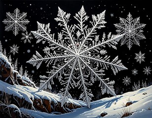 A large, detailed snowflake against a night sky
