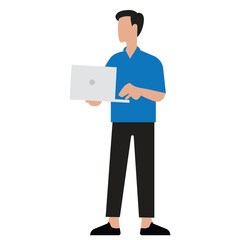 Flat Illustration of Man Working and Using Laptop Computer