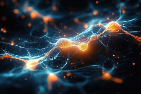 Glowing interconnected neural-like structures emitting orange and blue light in a dark background, resembling abstract biological network or synapses