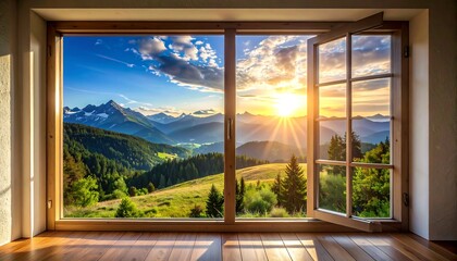 Panoramic mountain vista through a large window