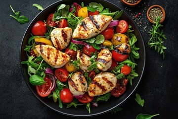 Grilled chicken breast pieces served on a fresh mixed salad with cherry tomatoes, red onions, and leafy greens on a black plate