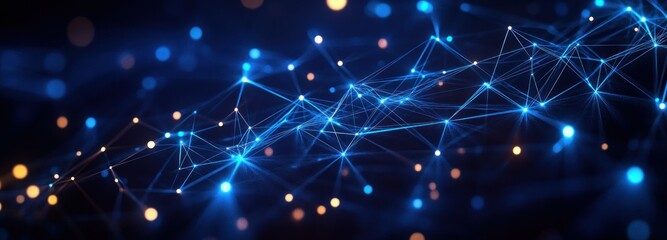 Abstract blue network of glowing interconnected points and lines with scattered orange light particles on dark background conveying digital connection and futuristic technology