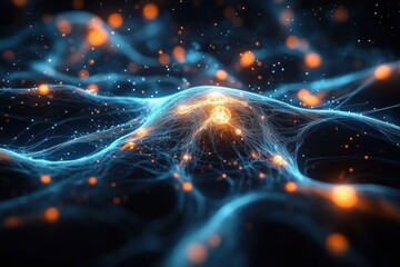 Glowing network of blue and orange interconnected filaments resembling a neural or digital web in a dark space, evoking complexity and connectivity