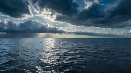 Obraz premium Dramatic Ocean Seascape with Storm Clouds and Sunlight on the Horizon