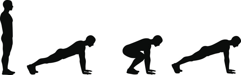 Burpee workout silhouette sequence, bodyweight exercise, fitness training routine, endurance conditioning, gym strength movement, athletic health pe