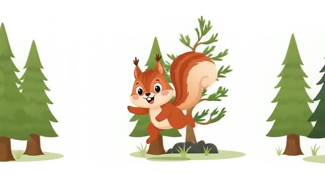 Cute cartoon squirrel running through a forest of pine trees.