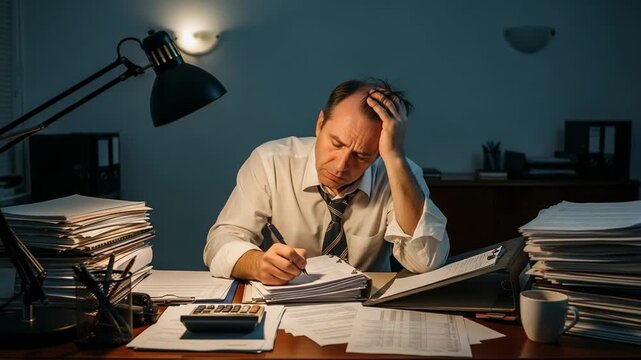 Stressed middle-aged Caucasian businessman working late at his office desk, surrounded by stacks of paperwork, feeling overwhelmed and tired under the dim light of a desk lamp.