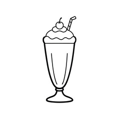 Black and White Outline of a Milkshake with Cherry and Straw on White Background Keywords