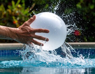 A hand drops a balloon into a pool, causing a splash