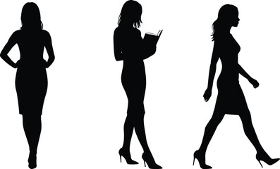 Businesswoman silhouette collection, elegant female figure, professional woman walking, reading, standing pose, fashion office attire, corporate lady vector illustration