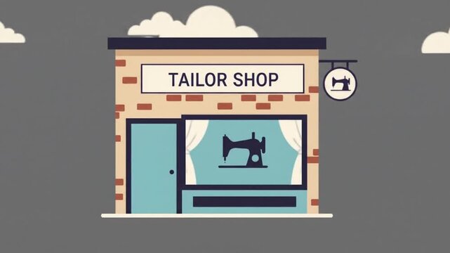Flat Design Tailor Shop Building Illustration with Sewing Machine Icons
