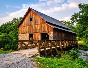 Rustic wooden barn on a bridge over a stream