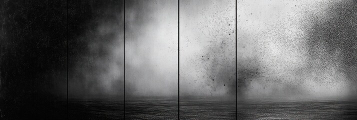 Dark and light grayscale gradient with textured grain particles floating over a calm water surface creating a moody and mysterious atmosphere