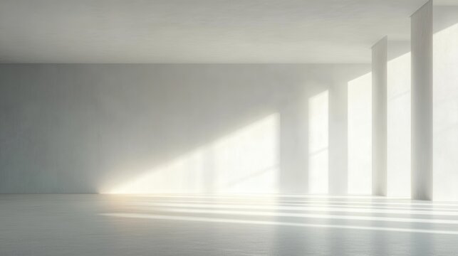 Empty bright modern interior space with sunlight streaming through tall windows casting shadows on smooth floor and walls