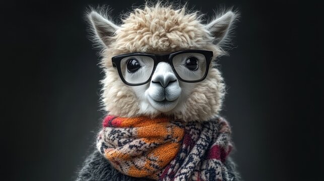 close-up portrait of a white alpaca wearing black glasses and a colorful patterned scarf with a neutral dark background