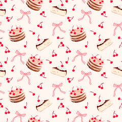 Cherry Cake and Ribbon Seamless Pattern. Cute Dessert Vector Background