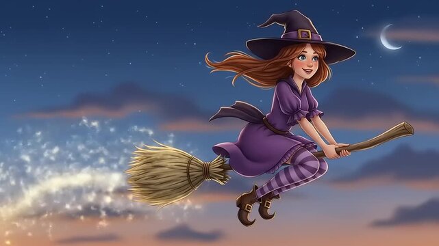 Cute cartoon witch flying on broomstick at night with moon and stars.