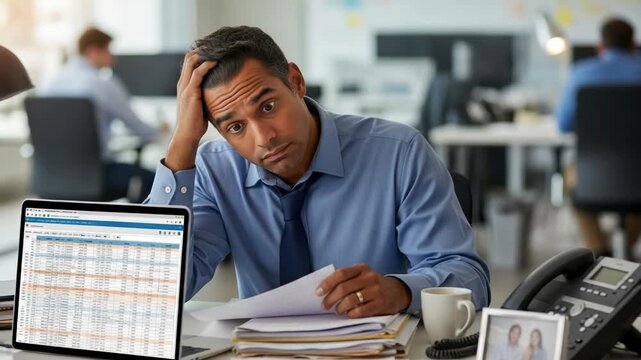 Stressed adult businessman, appearing mixed-race, holds his head in frustration while looking at the camera, surrounded by paperwork and a laptop displaying data in a modern office.