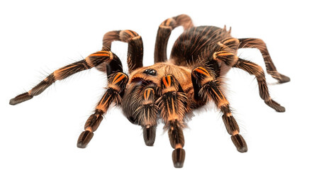 Tarantula spider with brown and orange markings on a white background.