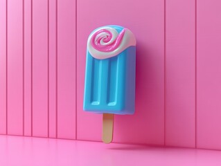 Blue popsicle with white and pink swirl on top standing against a pink vertically paneled background, evoking a playful and vibrant mood