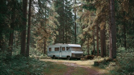 Fototapeta premium White camper van parked in dense green forest with tall trees surrounding, natural light filtering through foliage highlighting van life freedom, outdoor exploration, and tranquil woodland escape