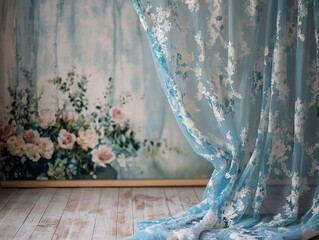 Elegant blue lace curtain with floral details against a floral backdrop creates a serene and artistic scene
