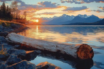 Sunset over a calm lake with a large driftwood log on rocky shore and distant mountain peaks under a partly cloudy sky