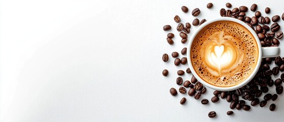 Top-down view of a cup of coffee with latte art surrounded by scattered coffee beans on a white textured surface, evoking warmth and calm