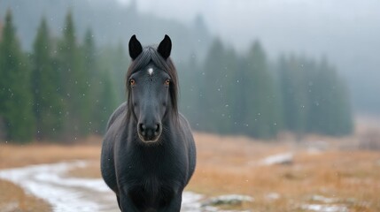 Black Horse Standing in Snowy Field with Mountain Forest Background