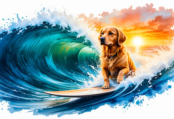 A professional watercolor painting of a Golden Retriever surfing, with a stunning golden sunset and realistic water splashes.