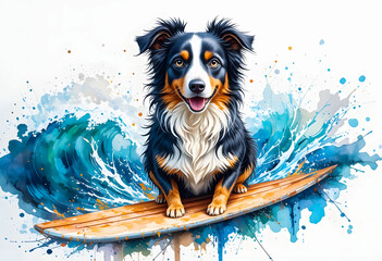 A captivating watercolor artwork of an Australian Shepherd, with a powerful sense of motion from the swirling blue waves.