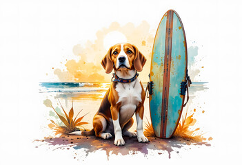 A captivating watercolor painting of a loyal Beagle and its surfboard, with a focus on the dog's gentle expression and the backlit effect.