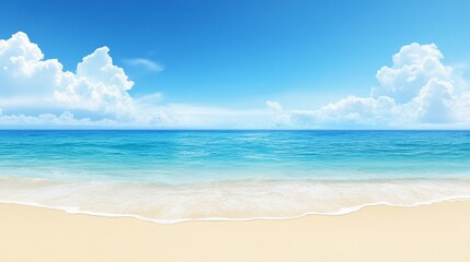 Serene Tropical Beach Scene with Turquoise Water and Fluffy Clouds