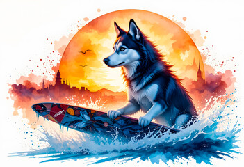 A professional watercolor painting of a Siberian Husky on a surfboard, with a dramatic, glowing sunset creating a vibrant backdrop.
