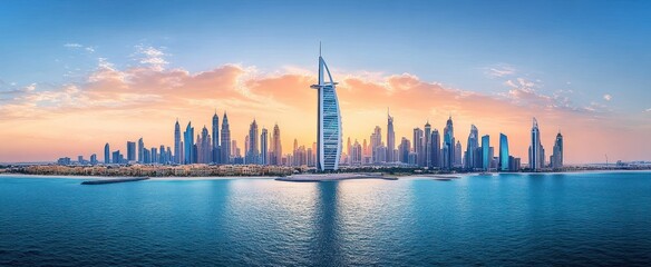 Panoramic view of modern city skyline with numerous skyscrapers reflected on calm water under a colorful sunset sky