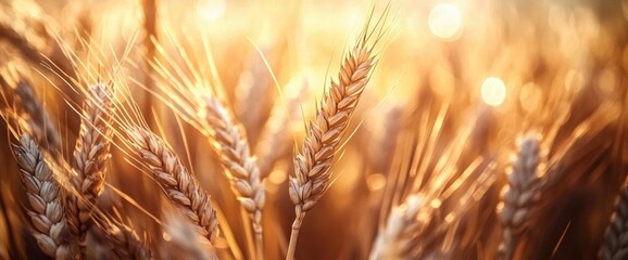 Close-up of ripe golden wheat stalks glowing in warm sunlight with soft focus background creating a serene and peaceful atmosphere