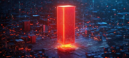 Glowing red futuristic skyscraper or monolith emerging from a detailed digital circuit board with numerous lights and tech elements, evoking advanced technology and innovation