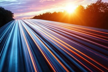 Sunset landscape with dynamic long exposure light trails on a highway surrounded by trees under a colorful sky