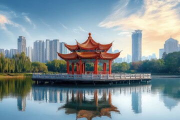 Obraz premium Traditional red Chinese pavilion on a platform surrounded by calm water with modern city skyscrapers and green trees in the background under a blue sky with soft clouds