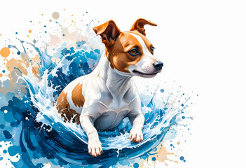An expressive action shot of a dog in a watercolor style, highlighting the fur texture and a wide, empty space on the right for text.